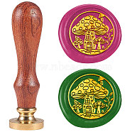 Golden Tone Solid Brass Wax Seal Stamp with Retro Wood Handle, for Envelopes Invitations, Gift Card, Mushroom, 83x22mm, Stamps: 25x14.5mm(AJEW-WH0208-1272)