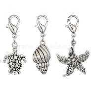 Marine Animal Alloy Pendant Decorations, with Zinc Alloy Lobster Claw Clasps Charms, Starfish/Conch/Turtle, Antique Silver, 40~43mm(HJEW-JM01370)