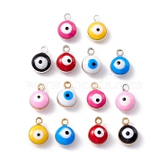 Brass Charms, with Double-sided Enamel, Long-Lasting Plated, Real 18K Gold/925 Sterling Silver Plated, Flat Round with Evil Eye Charms, Mixed Color, 9x6.5x4mm, Hole: 1.2mm(KK-K263-01)