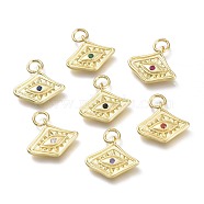 Brass Micro Pave Cubic Zirconia Pendants, with Jump Rings, Diamond with Evil Eye, Real 18K Gold Plated, Mixed Color, 13x15x2mm, Hole: 3.6mm(KK-P188-C)