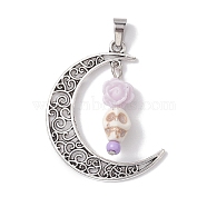 Halloween Synthetic Turquoise Skull Pendants, Alloy Hollow Moon Charms with Resin Rose, Antique Silver, Lavender, 41x35x8mm, Hole: 7x4mm(PALLOY-JF02650-04)