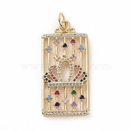 Brass Micro Pave Colorful Cubic Zirconia Pendants, Real 18K Gold Plated, with Jump Ring, Rectangle Charms, Crown, 40.5x19x2mm, Jump Ring: 7x1mm, Inner Diameter: 5mm(KK-E068-VF025)