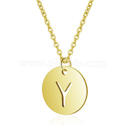 201 Stainless Steel Initial Pendants Necklaces, with Cable Chains, Flat Round with Letter, Golden, Letter.Y, 16.3 inch(40cm), 1mm(NJEW-S069-TN508-Y)