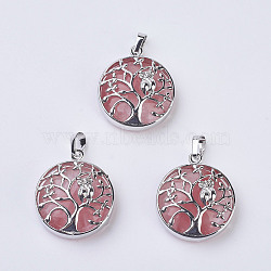 Cherry Quartz Glass Pendants, with Brass Findings, Flat Round with Tree of Life, Platinum, 31~32x27x8~9mm, Hole: 5x7mm(G-K234-E10)