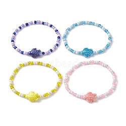Sea Turtle Porcelain Bead Stretch Bracelets, with Glass Seed Beads, Mixed Color, Inner Diameter: 2-1/4 inch(5.6cm), 4 color, 1pc/color, 4pcs/set(BJEW-JB09997)