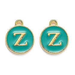 Golden Plated Alloy Enamel Charms, Enamelled Sequins, Flat Round with Alphabet, Letter.Z, Green, 14x12x2mm, Hole: 1.5mm(X-ENAM-Q437-15Z)