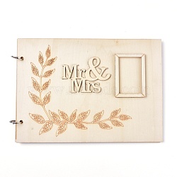 Wooden Wedding Guestbooks Notepad, for Wedding Decoration, Rectangle with Leaf, Word Mr & Mrs, Floral White, 20x28x1.3cm, about 20sheet/pc(AJEW-M206-12)