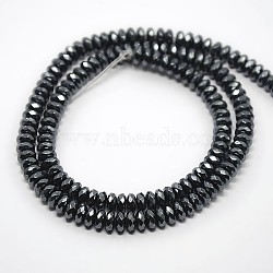 Grade A Magnetic Synthetic Hematite Beads Strands, Nickel Free & Lead Free, Faceted Rondelle, Black, 6x3mm, Hole: 1mm, about 155pcs/strand, 15.7 inch(G-O004C-03)