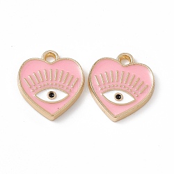 Alloy Enamel Pendants, Golden, Heart with Eye Charm, Pink, 14.5x13x1.5mm, Hole: 1.6mm(X-ENAM-K066-08B)