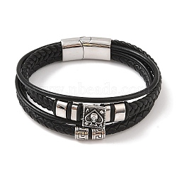 Braided Microfiber Leather Multi-strand Bracelets, Viking 304 Stainless Steel Skull Bracelets for Men, Antique Silver & Stainless Steel Color, 8-5/8x1 inch(22x2.5cm)(BJEW-B096-08A)