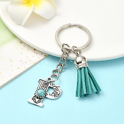 Alloy with Resin Imitation Synthetic Turquoise Keychain, with Tassel Pendant and Iron Rings, Letter P, 8cm, Pendant: 25~35mm(KEYC-YW00087-16)