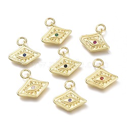 Brass Micro Pave Cubic Zirconia Pendants, with Jump Rings, Diamond with Evil Eye, Real 18K Gold Plated, Mixed Color, 13x15x2mm, Hole: 3.6mm(KK-P188-C)