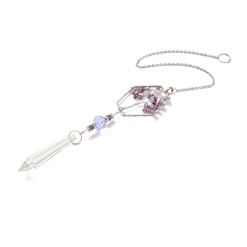 Amethyst Pendant Decoration, Hanging Suncatcher, with Stainless Steel Rings and Hexagon Alloy Frame, Bullet Shape, Purple, 404x2mm, Hole: 10mm