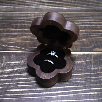 Flower Wood Wedding Ring Storage Boxes with Velvet Inside, Wooden Couple Ring Gift Case with Magnetic Clasps, Coconut Brown, 7x3.6cm