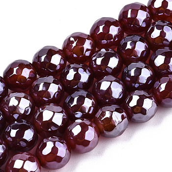 Electroplate Natural Agate Beads Strands, Dyed, Faceted, Pearl Luster Plated, Round, Dark Red, 8.5x7~8mm, Hole: 1.2mm, about 47~48pcs/strand, 13.78 inch~13.98 inch(35cm~35.5cm)