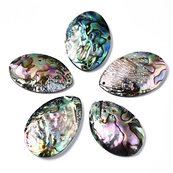 Natural Abalone Shell/Paua Shell Pendants, with Freshwater Shell, Teardrop, 42.5~48x26.5~30.5x6.5~8mm, Hole: 1.4mm