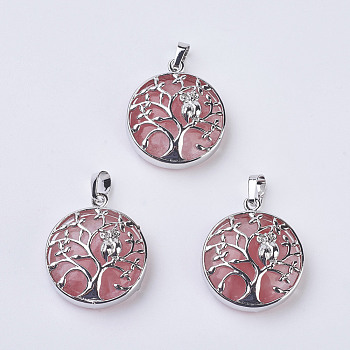 Cherry Quartz Glass Pendants, with Brass Findings, Flat Round with Tree of Life, Platinum, 31~32x27x8~9mm, Hole: 5x7mm