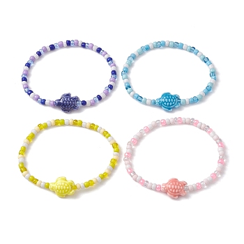 Sea Turtle Porcelain Bead Stretch Bracelets, with Glass Seed Beads, Mixed Color, Inner Diameter: 2-1/4 inch(5.6cm), 4 color, 1pc/color, 4pcs/set