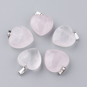 Natural Rose Quartz Pendants, with Platinum Tone Alloy Findings, Heart, 22~23x20~21x9~10mm, Hole: 2.5x5.5mm