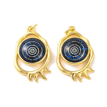 Rack Plating Brass Micro Pave Cubic Zirconia Pendants, with Glass, Long-Lasting Plated, with Jump Ring, Evil Eye, Real 18K Gold Plated, Prussian Blue, 28x17x5mm