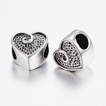 304 Stainless Steel European Beads, Large Hole Beads, Heart, Antique Silver, 10.5x11.5x9mm, Hole: 5mm