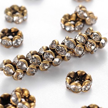 Brass Rhinestone Spacer Beads, Grade AAA, Wavy Edge, Nickel Free, Antique Bronze Metal Color, Rondelle, Crystal, 5x2.5mm, Hole: 1mm