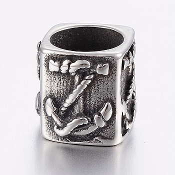 304 Stainless Steel Beads, Large Hole Beads, Cube with Anchor, Antique Silver, 11x12x13mm, Hole: 8.5mm