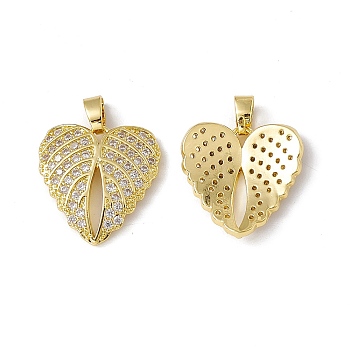 Brass Micro Pave Cubic Zirconia Pendants, Heart Wing Charm, Real 18K Gold Plated, 19x18x3mm, Hole: 3x5.5mm