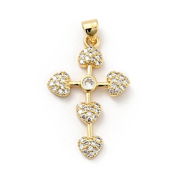 Rack Plating Brass Micro Pave Cubic Zirconia Pendants, Long-Lasting Plated, Lead Free & Cadmium Free, Cross with Heart, Religion, Real 18K Gold Plated, 31x19.5x2.5mm, Hole: 3.5x4mm