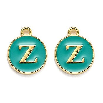 Golden Plated Alloy Enamel Charms, Enamelled Sequins, Flat Round with Alphabet, Letter.Z, Green, 14x12x2mm, Hole: 1.5mm