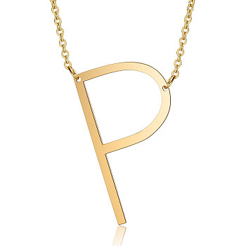 201 Stainless Steel Initial Pendants Necklaces, with Cable Chains, Letter, Letter.P, 17.3~18.3 inch(44~46.5cm)x1.5mm, LetterP: 37x22x1mm