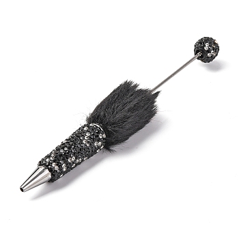 Iron Beadable Pen, Ball-Point Pen, with Polymer Clay Rhinestone & Plush Pompom, for DIY Personalized Pen with Jewelry Beads, Jet, 155x26mm