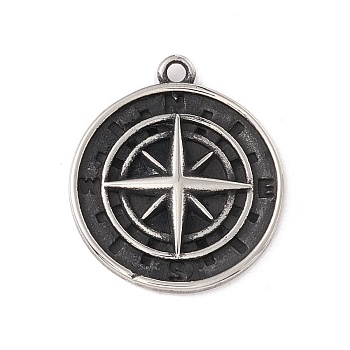 304 Stainless Steel Pendants, Flat Round with Compass, Antique Silver, 23x20x3mm, Hole: 1.6mm