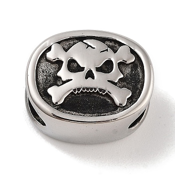 Retro 304 Stainless Steel Slide Charms/Slider Beads, Oval with Skull, Antique Silver, 13x16x10mm, Hole: 9.5x6mm