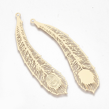 Brass Big Pendants, Etched Metal Embellishments, Feather, Light Gold, 65x15x0.3mm, Hole: 1.8mm