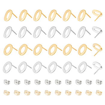 56Pcs 4 Styles 201 Stainless Steel Stud Earring Findings, with Ear Nuts and 304 Stainless Steel Pins, Oval & Donut with Hole, Golden & Stainless Steel Color, 11x7.5~9.5mm, Hole: 1.2mm, Pin: 0.7mm, 14Pcs/style