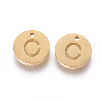 304 Stainless Steel Charms, Ion Plating (IP), Flat Round, Letter.C, 10x1.5mm, Hole: 1mm