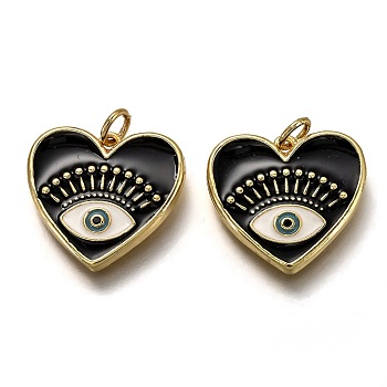 Brass Micro Pave Cubic Zirconia Pendants, with Enamel and Jump Rings, Heart with Eye, Black, Real 18K Gold Plated, 18x19x2.4mm, Hole: 3.2mm
