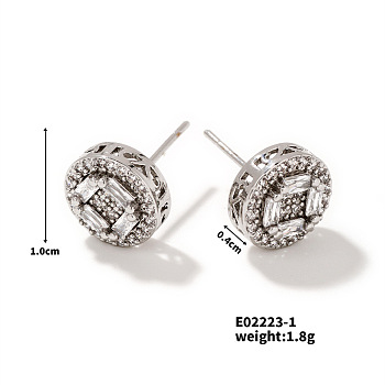 Elegant Fashion Round Zirconia Stud Earrings Copper Inlaid Earrings, Platinum, Clear, 10x4mm