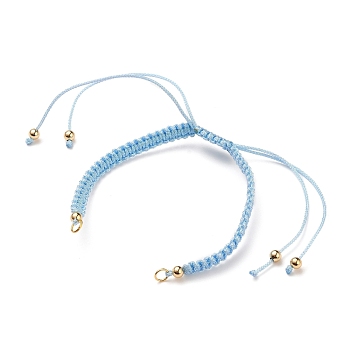 Adjustable Braided Polyester Cord Bracelet Making, with 304 Stainless Steel Open Jump Rings, Round Brass Beads, Light Blue, Single Chain Length: about 6-1/4 inch(16cm)