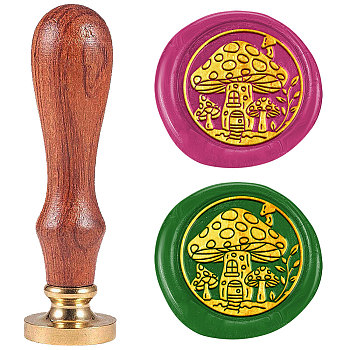 Golden Tone Solid Brass Wax Seal Stamp with Retro Wood Handle, for Envelopes Invitations, Gift Card, Mushroom, 83x22mm, Stamps: 25x14.5mm