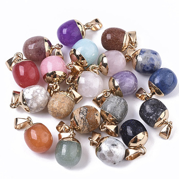 Top Golden Plated Natural & Synthetic Mixed Gemstone Pendants, with Iron Snap on Bails & Loop, Barrel, Mixed Dyed and Undyed, 17~19x11.5~12.5mm, Hole: 4x6mm