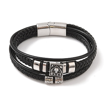 Braided Microfiber Leather Multi-strand Bracelets, Viking 304 Stainless Steel Skull Bracelets for Men, Antique Silver & Stainless Steel Color, 8-5/8x1 inch(22x2.5cm)