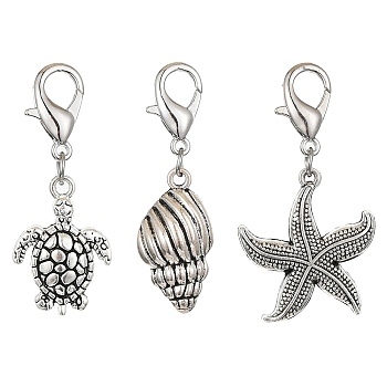 Marine Animal Alloy Pendant Decorations, with Zinc Alloy Lobster Claw Clasps Charms, Starfish/Conch/Turtle, Antique Silver, 40~43mm