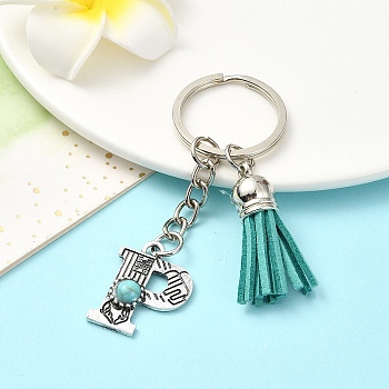 Alloy with Resin Imitation Synthetic Turquoise Keychain, with Tassel Pendant and Iron Rings, Letter P, 8cm, Pendant: 25~35mm