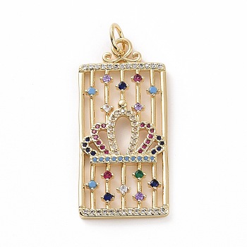 Brass Micro Pave Colorful Cubic Zirconia Pendants, Real 18K Gold Plated, with Jump Ring, Rectangle Charms, Crown, 40.5x19x2mm, Jump Ring: 7x1mm, Inner Diameter: 5mm