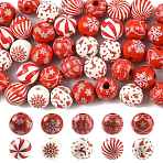 60Pcs 10 Styles Christmas Printed Schima Wood European Beads, Round, Mixed Color, 15.5~16x14.5~15mm, Hole: 3.5~5mm, 6pcs/style(WOOD-FS0002-48)