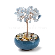 Natural Aquamarine Chips Tree Decorations, Ceramic Bowl Base Copper Wire Feng Shui Energy Stone Gift for Home Desktop Decoration, 67~70x110~115mm(DJEW-M012-02B)