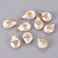 Natural Cultured Freshwater Pearl Pendants, with Brass Cubic Zirconia Cabochons, Long-Lasting Plated, Nuggets with Bees, Real 18K Gold Plated, 16~22x12~13x6.5~7mm, Hole: 1.4mm(X-PEAR-F008-37G)
