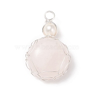 Natural Rose Quartz Pendants, with Silver Tone Copper Wire and Natural Cultured Freshwater Pearl, Flat Round Charm, 34~37x21~22x7~8mm, Hole: 4~4.5mm(PALLOY-JF01790-02)